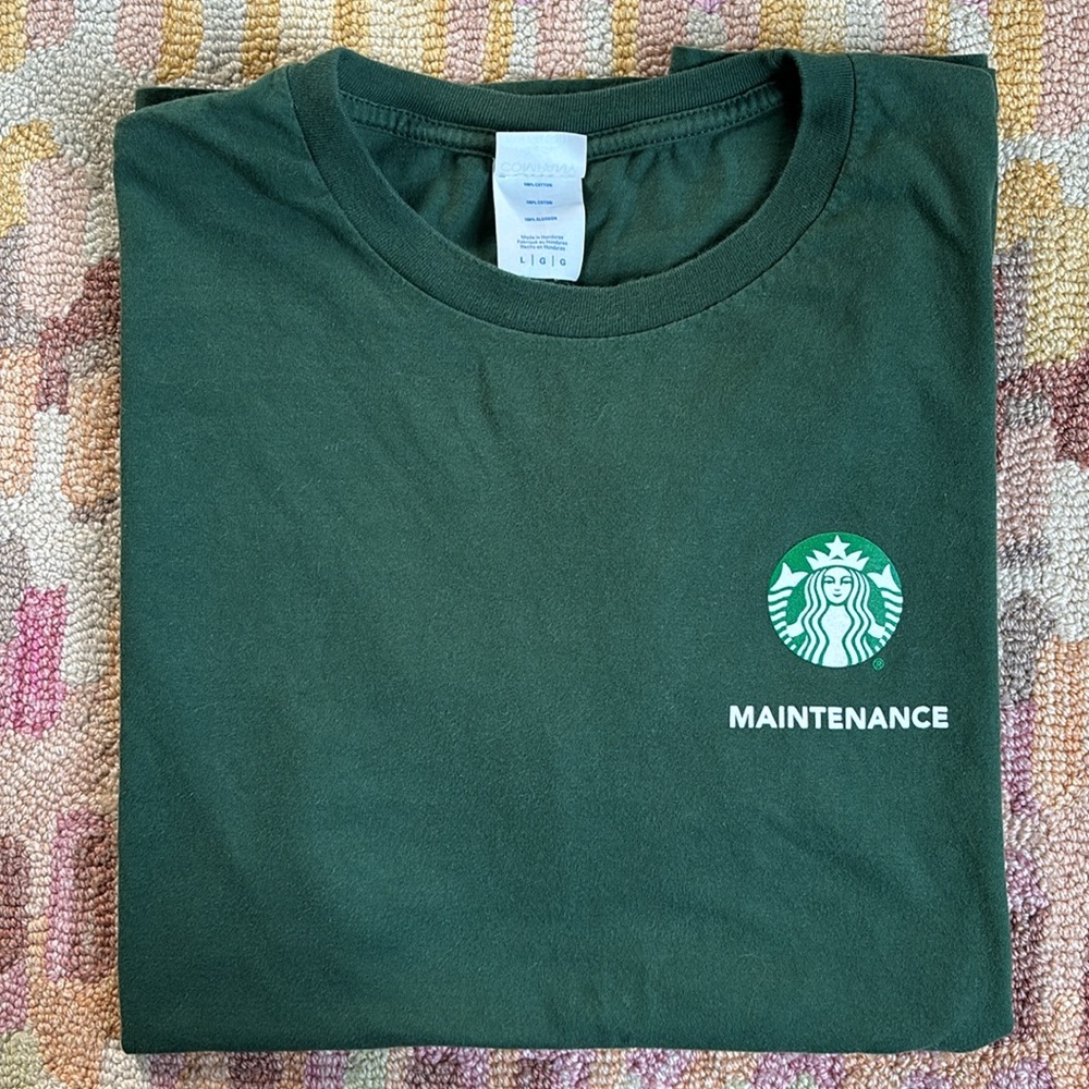 Maintenance Crew Starbucks Apron Green Maintenance Tee Shirt Official Sz L - Picture 7 of 13